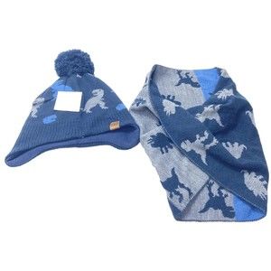 Brand New Blue Boys Dinosaur Winter Hat & Scarf Matching Set - One Size